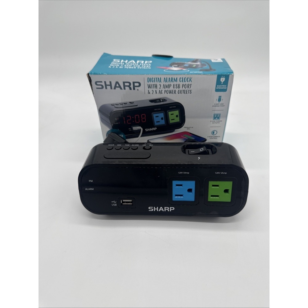 SHARP LED Digital Alarm Clock, 2 AMP fast Charge USB Ports & 2 AC Power Outlets